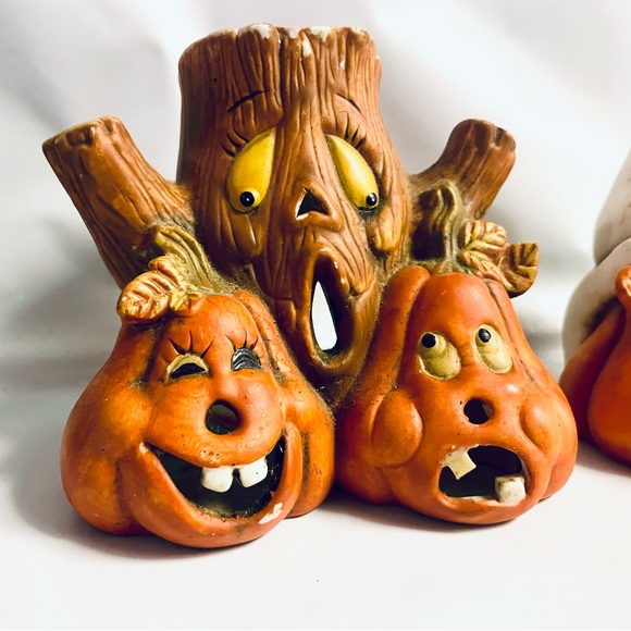 Vintage Ceramic Halloween Haunted Tree Jack-O-Lantern Ghost Candle Holders - Picture 2 of 5